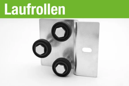 Montierte Laufrollen aus Kunststoff auf Edelstahlwinkel zur Führung von Spülwagen