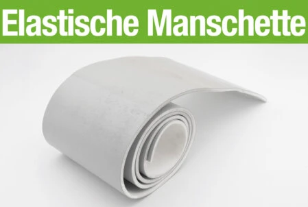 Gerollte elastische Manschette aus flexiblem Material, dargestellt auf weißem Hintergrund mit grünem Titelbanner „Elastische Manschette“