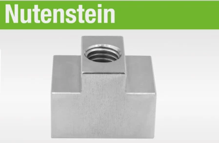 Rechteckiger Nutenstein aus Edelstahl mit Innengewinde zur sicheren Befestigung in Aluminiumprofilen