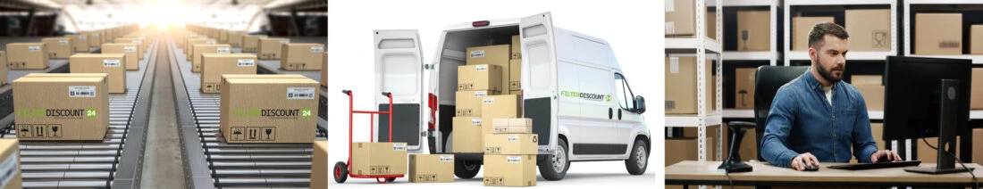 Logistik und Versand bei Filterdiscount Bildcollage mit Paketen auf Förderband, Lieferfahrzeug mit Kartons und Mitarbeiter am Computer im Lager – zeigt Logistikabläufe bei Filterdiscount