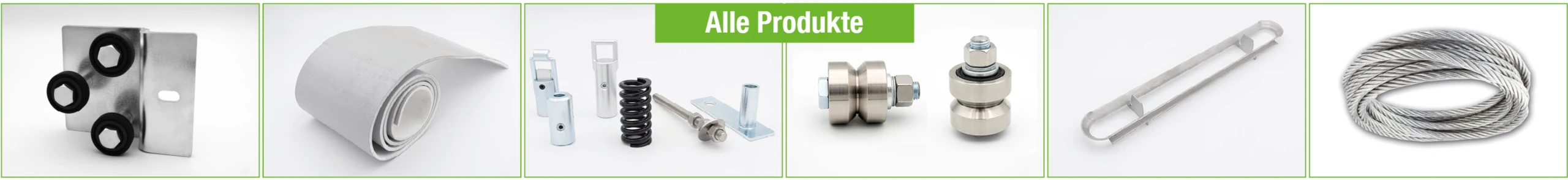 Produktübersicht mit Vorschau der Kategorien: Filterrollen, Spülwägen, Klemmen, Zubehör und Verbindungsteile