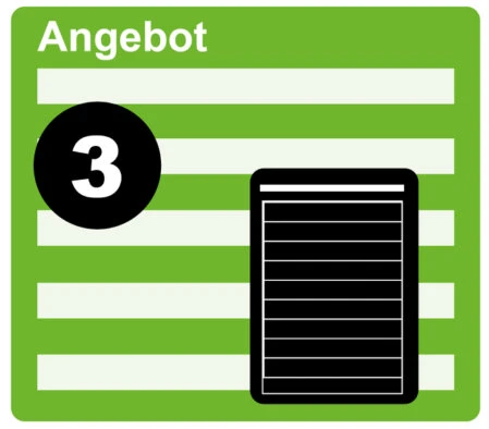 Symbol für Bestellschritt 3: Angebotserstellung nach Anfrage (grüne Grafik mit Angebotsliste)