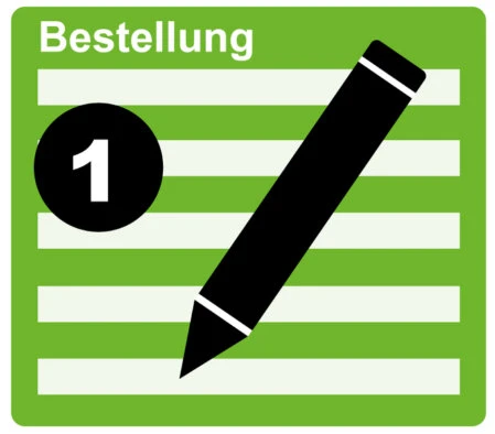 Symbol für Schritt 1: Bestellung mit Stift-Icon auf grünem Hintergrund