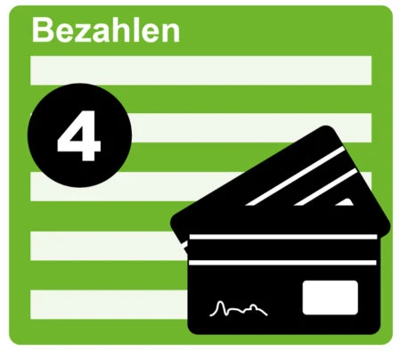 Symbol für Bestellschritt 4: Bezahlung mit Kreditkarte oder Zahlungsmittel (grüne Grafik mit Kartensymbol)